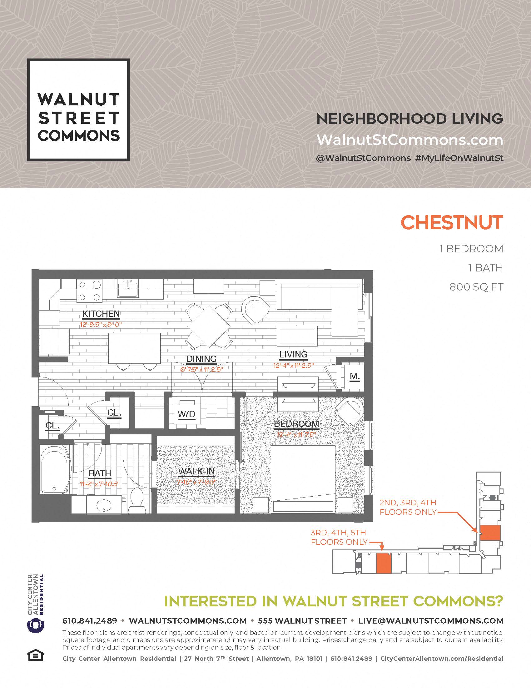 Floor plan for 1 bed, 1 bath, 800 sqft